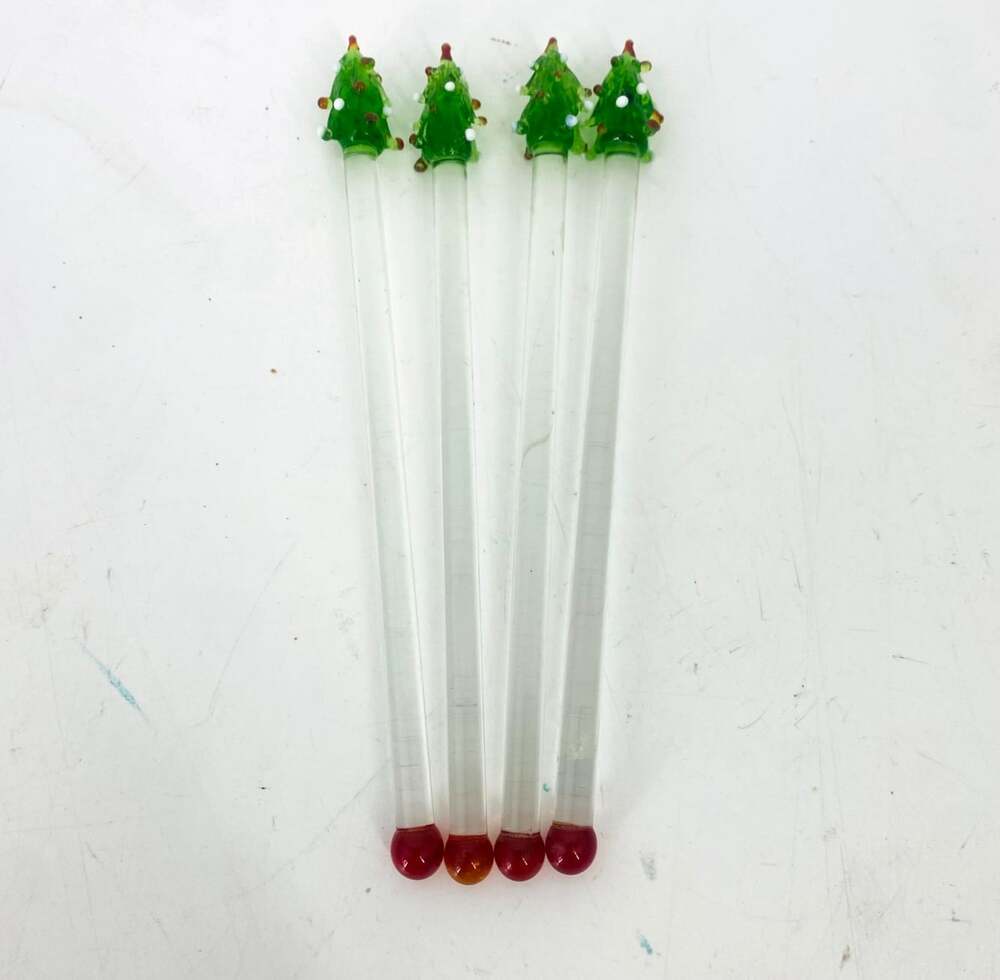 Vintage Pier 1 Imports Glass Christmas Tree Swizzle Sticks Set of 4 Holiday Red